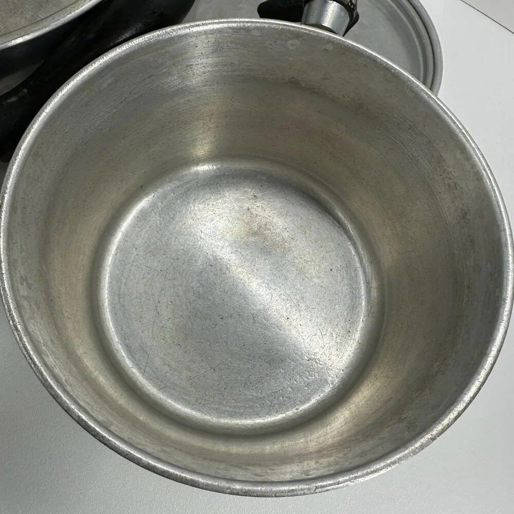 Vintage Wear-Ever TACU Aluminum Saucepan Pot Set 3 Lids Wood Handle Made in USA